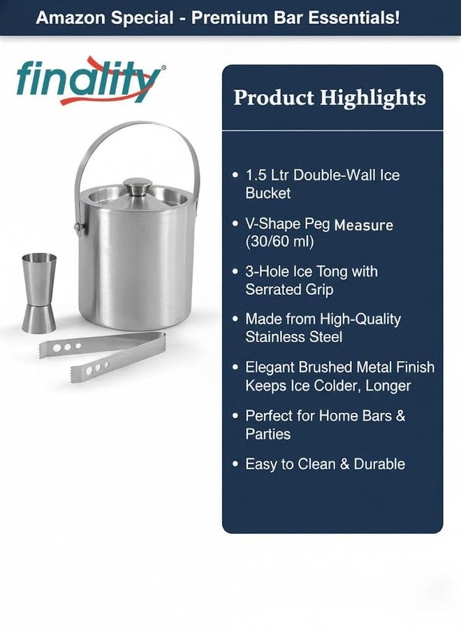 FINALITY Stainless Steel Double Walled Insulated Ice Bucket with Lid with Tong and V Peg Measure, 1.5 Liter - Image 3
